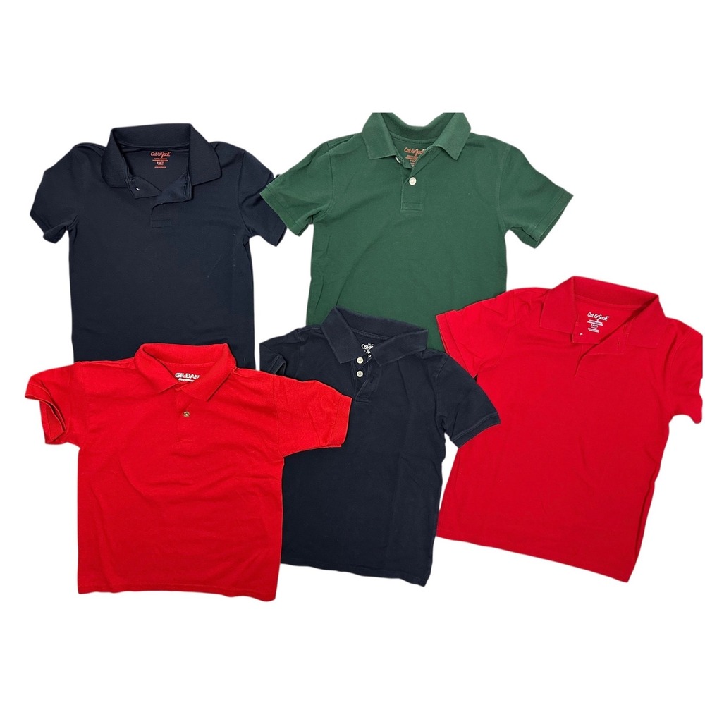 Boys Red, Green, Blue  Polo Shirts Lot of 5 Cat & Jack OshKosh Gildan Size 6-8